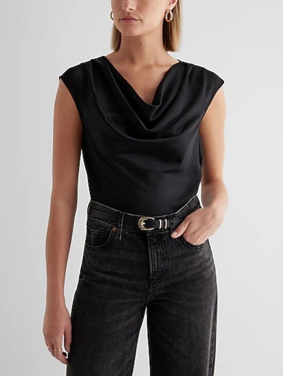 Express Tops - Express Satin Cowl Neck Gramercy Bodysuit in a bronze/brown shade Size XL Thong